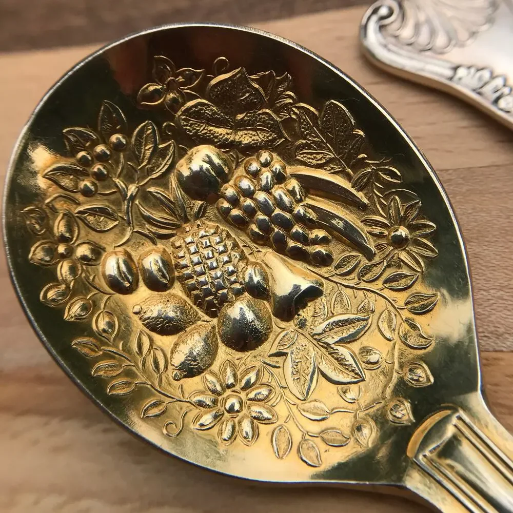2 W. A. Sheffield KING Silverplate Gold Wash Jelly Spoons - fruit embossed